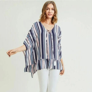 NEW Striped Ruffle Lace Up V-Neck Blouse